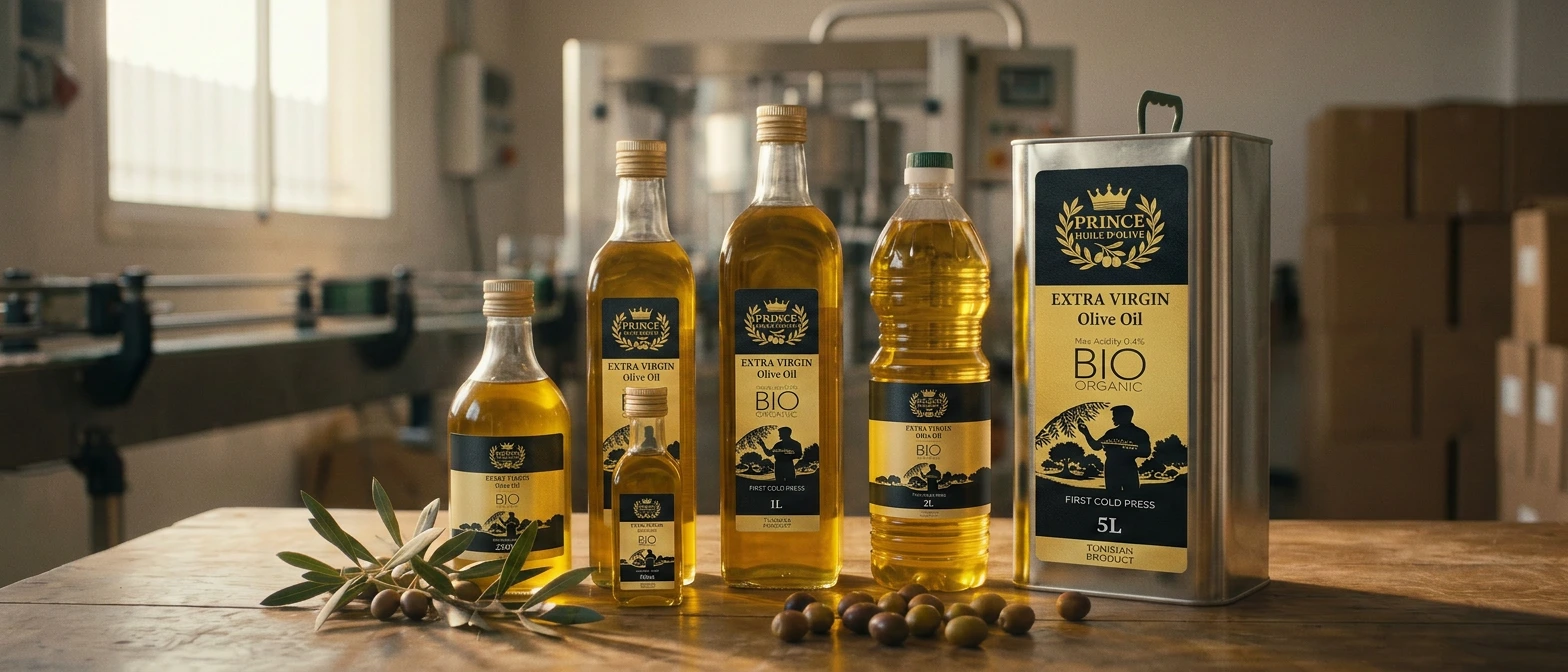 Huile d’olive biologique embouteillée, prête pour la vente en Tunisie