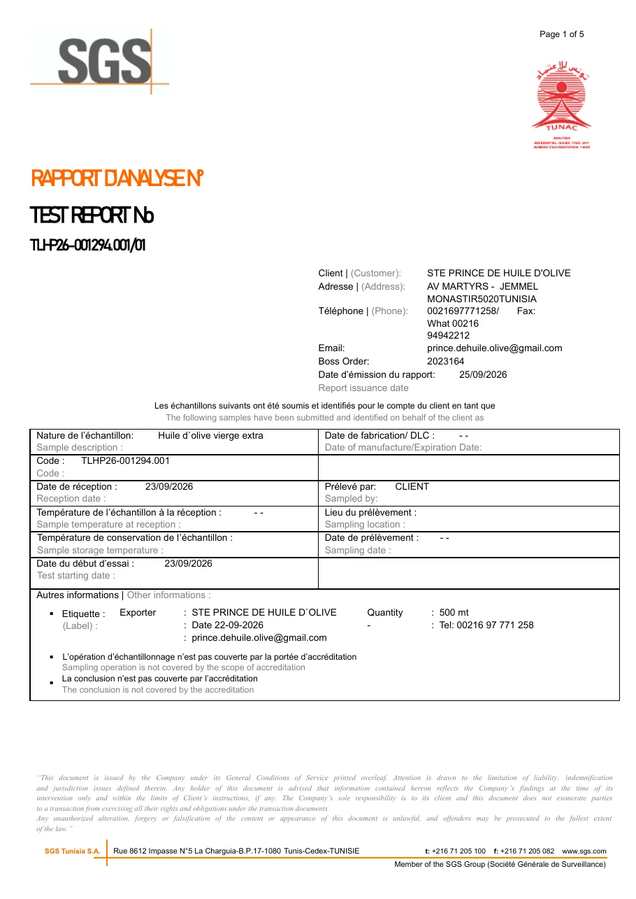 SGS Tunisia lab analysis report for Prince extra virgin olive oil