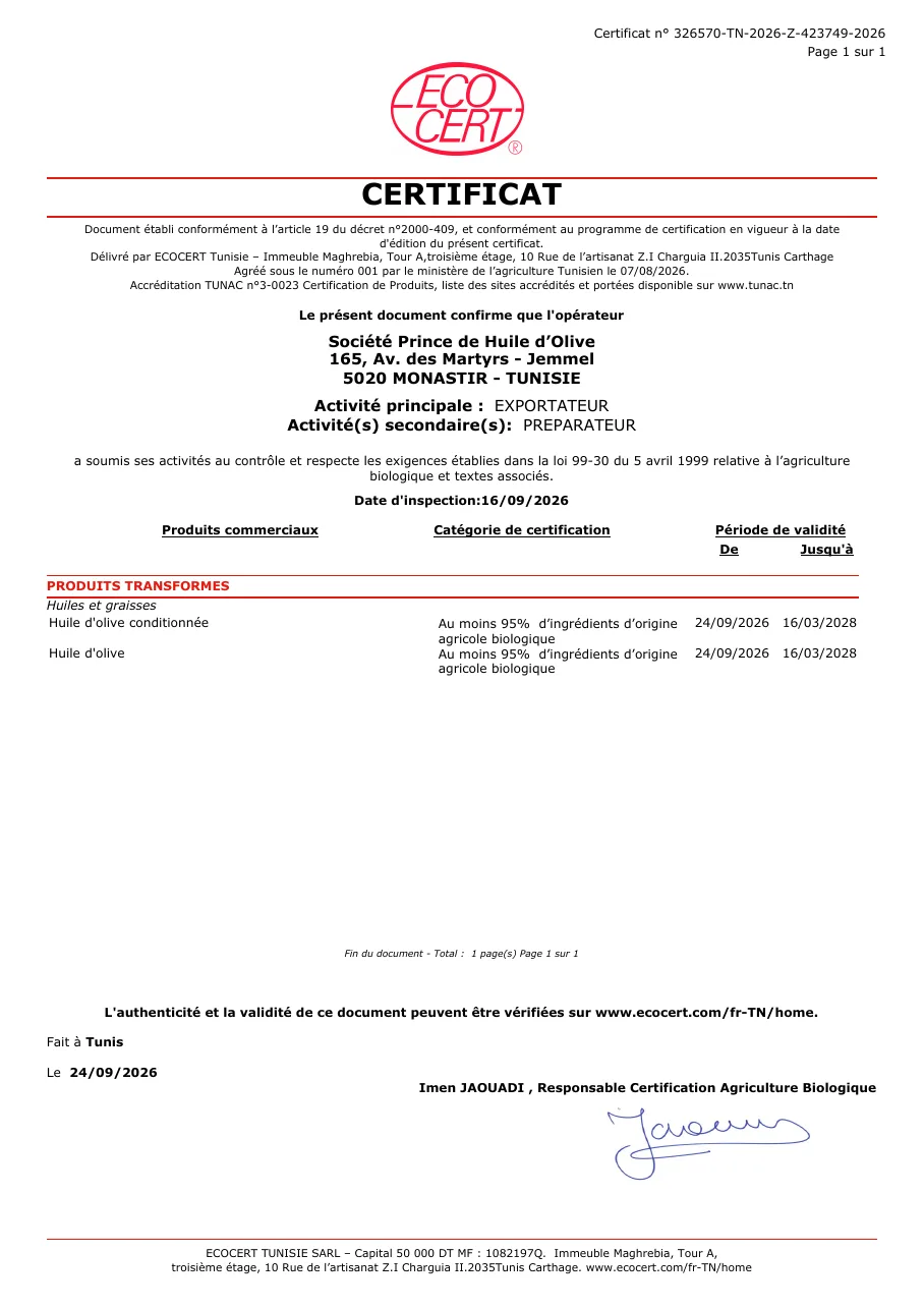 Tunisian organic certificate issued by Ecocert Tunisie to Société Prince de Huile d’Olive