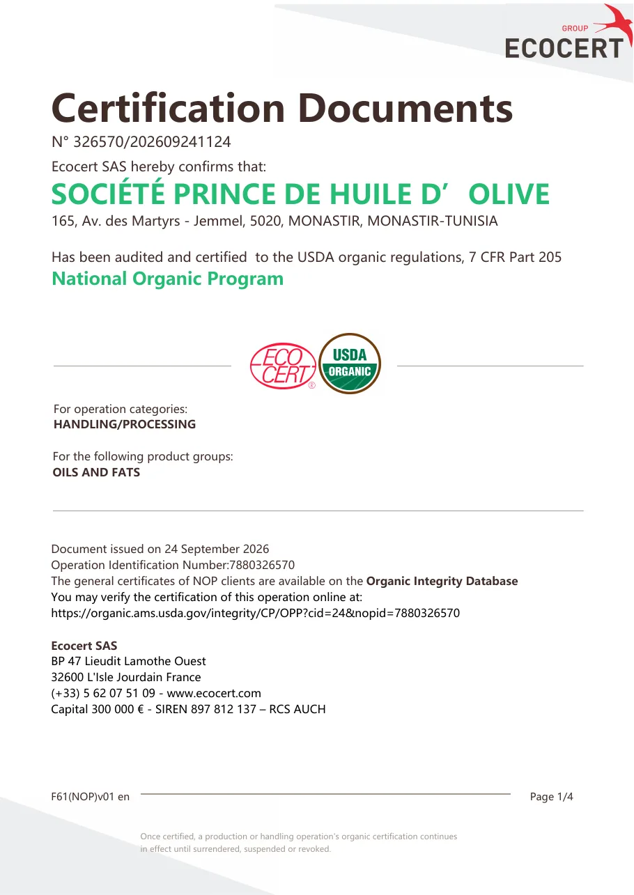 USDA Organic NOP certificate issued by Ecocert SAS to Société Prince de Huile d’Olive